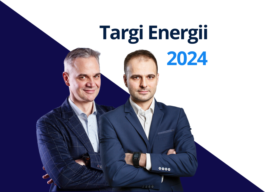 Bartek i Wojtek z Enerace na tle z tytułem Targi Energii 2024